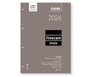 Finocam - Recambio agenda Open 2026 1 Día Página | Enero - Diciembre (12 meses) | Recambio anual agenda R4098 con 4 taladros - Español