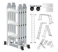 Fiqops Escalera multiusos 4x3, multifunción 7 en 1 de 360 cm, escalera plegable de aluminio con 2 plataformas y ruedas, 12 peldaños, hasta 150 kg, para casa, jardín, garaje y renovación
