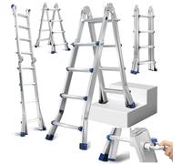 Fiqops Escalera telescópica - 4 m x 4 peldaños - Antideslizante - De aluminio - Carga máxima: 150 kg - Multifunción - Extensible