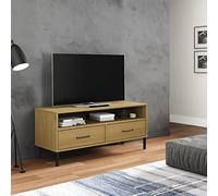 FIRBNUS Mueble de TV marrón con Patas de Metal Oslo Madera Maciza Pino Muebles De Salon Modernos Mesa Television Muebles TV Madera Mesa TV Mueble TV Madera Gabinete De TV 106x40x46,5 cm Mesa para TV