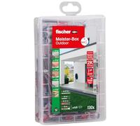 Fischer 561385 - Caja para tacos (130 piezas, con tornillos de acero inoxidable y Duopower & Duosel, set para fijaciones de interior y exterior, práctico ayudante) color rojo