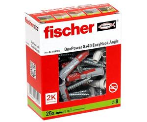 fischer 564169 - Juego de 25 tornillos angulares de gancho y tacos DuoPower 8 x 40, tornillos de aglomerado con ganchos, ganchos de tornillo flexibles para montaje en numerosos materiales de