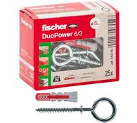 Fischer Duopower - 25 tacos con ojal cerrado, 6 x 30 mm, universales, para pared completa, ladrillo perforado, cartón yeso, 541745, gris/rojo, 25 unidades