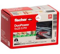 Fischer Tacos y tornillos DUOPOWER 5x25 S PH – 50 tacos y 50 tornillos, cabeza plana, 2 componentes