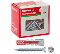 Fischer Duopower 544016 - Tacos con tornillo, 6 x 30 mm, para pared completa, ladrillo perforado, cartón yeso, 544016, color gris