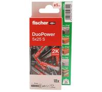 fischer - Duopower 5x25 Con Tornillo - 18U, Tacos para pared multimaterial, sirven para Colgar Bicicletas, Cuadros, Armarios, Soportes de Televisión, Estanterías, Muebles.