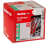 fischer DUOPOWER 8 x 65, caja redonda con 50 tacos fischer universales, de alto rendimiento de 2 componentes, de plástico para fijación en hormigón, ladrillo, piedra, cartón yeso y más