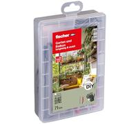 fischer easyDIY - Juego de tacos para jardín y balcón, 71 piezas con tornillos inoxidables, 6-8 mm de diámetro, 30-40 mm de longitud, para bricolaje, incluye guantes de jardín talla 9