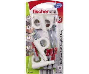 fischer EasyHook Loop K (4), Juego de 4 tornillos y tacos DuoPower 8 x 40, con gancho para tablero aglomerado para instalar fácilmente en numerosos materiales de construcción