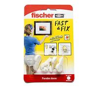 fischer - Fija Cuadros 3 Puntas Fast & Fix | Cuelga Cuadros sin Clavos ni Agujeros | Hasta 16 Kg con 2 Ganchos | Reutilizable | Ideal para Madera, Compatible con Placas de Yeso PLADUR® | 4uds | Blanco