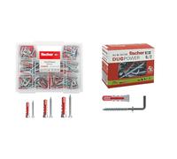 fischer - Kit Duopower Tacos pared con tornillo, Tacos pladur y hormigón, Caja Transparente, 160 uds & 541744 Taco con Gancho Duopower, Gris/Rojo, 25 pz, Set Piezas