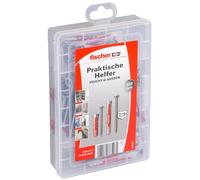 fischer Práctico ayudante húmedo y exterior, caja de tacos, 120 piezas, con tornillos de acero inoxidable y tacos DuoPower, juego universal para fijaciones en habitaciones húmedas y exteriores