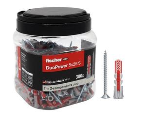 Fischer Propack Duopower 5 x 25, 300 tacos con tornillo en bote reutilizable, para fijación en hormigón, mampostería y cartón yeso, 572884