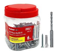 fischer Propack SX Plus 6 S, 200 tacos 6 x 30 con tornillo + broca SDS 6 mm, reutilizable, para fijación en hormigón y mampostería 570206