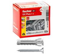 Fischer SX Plus 5 x 25 mm con tornillo | 100 tacos para pared completa, ladrillo perforado, mampostería, hormigón | Fijación de lámparas, muebles, armarios de pared
