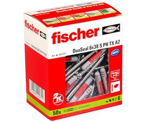 fischer - taco impermeabilizante DuoSeal 6 x 38 S A2, taco sellador antimoho y antihumedad para fijar muebles, estanterías, accesorios de baño (50 uds)