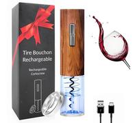 FISHTEC Juego de sacacorchos eléctrico recargable, iluminación LED azul, corte en cápsula, apertura automática, base de almacenamiento, caja de regalo con apariencia de madera