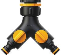 Fiskars Adaptador grifo doble Multi, válvula on/off, Ø21/26,5/33,3 mm, Negro/Naranja