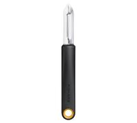 Fiskars Functional Form Pelador con cuchilla fija | Pelador universal para frutas y verduras, punta afilada, hoja de acero inoxidable/mango de plástico, negro/naranja, 1079907