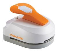FISKARS PERFORADORA DE ETIQUETAS Y OJETES 3 EN 1 - Festón para etiquetas (5 x 7.5 cm) - Con 20 ojetes - Acero de calidad/Plástico - Color Blanco/Naranja