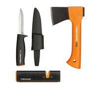 Fiskars Set para Estufa de Chimenea, Hacha de recreo X5-XXS, 23 cm | Afilador de cuchillos y hachas Xsharp, cabeza afiladora de cerámica, cuchillo universal K40, funda incluida, 22,5 cm, 1057913