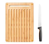 Fiskars Tabla de cortar y cuchillo para pan Functional Form – Bambú y acero inoxidable japonés