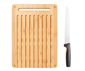 Fiskars Tabla de cortar y cuchillo para pan de bambú, Functional Form, Bambú/acero inoxidable japonés/plástico, 1057551