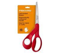 Fiskars Tijeras multiusos para zurdos, ergonómicamente contorneadas, acero inoxidable de 8 pulgadas, tijeras de papel y tela para oficina, artes, manualidades y rellenos de calcetines, color rojo