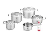 Fissler Pure Collection/Edelstahl-Kochtopfset, 6-teilig, Töpfe mit Metall-Deckel (3 Kochtöpfe,1 Bratentopf 1 Stielkasserolle 1 Edelstahlpflege) - Induktion