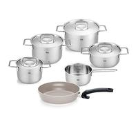 Fissler Pure Collection Juego de Cacerolas de Acero Inoxidable, 6 Piezas, Ollas con Tapadera Metálica (3 Cacerolas y 1 Sartén, 1 Cazo, 1 Sartén Ceratal Comfort de 24 cm), Inducción
