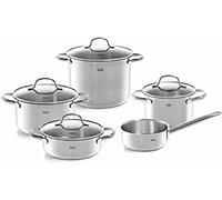Fissler San Francisco Juego de ollas de acero inoxidable, 5 piezas, 3 ollas y 1 cacerola con tapa de cristal, 1 cazo sin tapa, aptas para todo tipo de placas, inducción