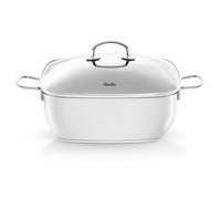 Fissler Secural Cacerola de 6,5 L y 28 cm de diámetro, acero inoxidable, con revestimiento, cacerola grande cuadrada, con tapa de cristal, apta para horno, color plata, inducción