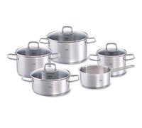 Fissler Viseo Juego de ollas de acero inoxidable, 5 piezas, 3 ollas y 1 cacerola con tapa de cristal, 1 cazo sin tapa, aptas para todo tipo de placas, inducción