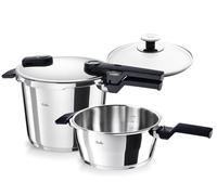 Fissler Vitaquick® Elemental - Juego de 3 ollas a presión (6,0 + 3,5 L, diámetro de 22 cm), color verde salvia, 2 niveles de cocción, tapa de cristal, base supertérmica, inducción