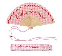 Fisura - Abanico original con mensaje “Calor de verano”. Abanico de madera moderno y colorido. Ventilador de mano cuadros rosas. Colgador incluido. Idea de regalo divertida. 42,5 x 23 cm
