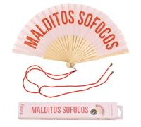 Fisura - Abanico original con mensaje “m*lditos sofocos”. Abanico de madera moderno y gracioso. Abanico rosa. Abanico con cuelga abanico. 42,5 x 23 cm.