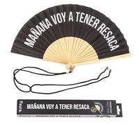 Fisura - Abanico original con mensaje “mañana voy a tener resaca”. Abanico de madera moderno y gracioso. Abanico negro. Abanico con cuelga abanico. 42,5 x 23 cm.