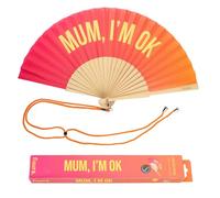 Fisura - Abanico original con mensaje “mum, I’m ok”. Abanico de madera moderno y gracioso. Abanico rosa degradado. Abanico con cuelga abanico. 42,5 x 23 cm.