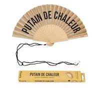 Fisura - Abanico original con mensaje “p*tain de chaleur”. Abanico de madera moderno y colorido. Ventilador de mano de purpurina dorada. Colgador incluido. Idea de regalo divertida. 42,5 x 23 cm