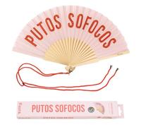 Fisura - Abanico original con mensaje “p*tos sofocos”. Abanico de madera moderno y gracioso. Abanico rosa y rojo. Abanico con cuelga abanico. 42,5 x 23 cm.