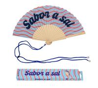 Fisura - Abanico original con mensaje Sabor a sal”. Abanico de madera moderno y colorido. Ventilador de mano azul. Colgador incluido. Idea de regalo divertida. 42,5 x 23 cm