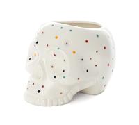 Fisura - Macetero original con forma de calavera. Macetero decorativo interior. Macetero para cactus. 12 cm de diámetro. Dimensiones: 15 x 19 x 14 cm. Lunares, blanco