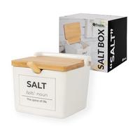 Fisura - Salero original con tapa “salt”. Salero extragrande cuadrado de cerámica con tapa de madera y cuchara. Bote para sal de cocina. Azucarero o especiero.10 x 10 x 9cm