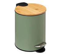 Five - Papelera de baño de metal verde caqui y tapa de bambú 3 L