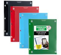 Five Star Carpeta de 2 bolsillos, paquete de 4, funda personalizable, carpeta con bolsillos, se adapta a carpetas de 3 anillos, plástico, negro, azul pacífico, rojo fuego, verde bosque (330092A-ECM)