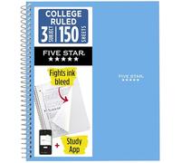 Five Star Cuaderno en espiral + aplicación de estudio, 3 temas, papel rayado universitario, combate el sangrado de tinta, cubierta resistente al agua, 8-1/2 x 11 pulgadas, 150 hojas, azul (73623)