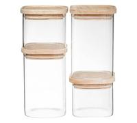 FIVE Tarro de Cristal x 4 apilables + Tapa Madera, 10x10x8.2cm/10x10x8.2cm/10x10x15.2cm/10x10x15.2cm