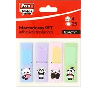 Fixo Notes, Marcadores Adhesivos Osos Panda PET, 4 Colores Pastel, Con Dispensador, 12x42mm, Bloques de 25 Hojas, Permiten Escritura, Reposicionables, Resistentes al Agua, Material Escolar