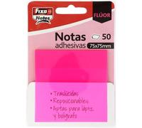 Fixo Notes | Notas Adhesivas Transparentes | 50 Notas de 75x75mm | De Plástico | Color Rosa Fucsia Neón | Reusables e Impermeables | Perfectas para Libros Escolares y Documentos de Oficina