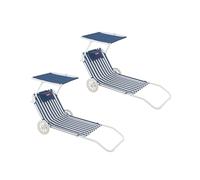 Flamingueo Pack 2 Tumbonas Plegables - 5 Posiciones - Parasol Ajustable UPF 50+ - Almohada Ergonómica - Convertible en Carrito de Transporte - Azul